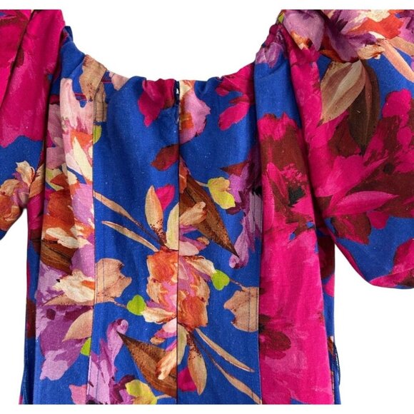 Nicholas Off-The-shoulder Floral-Print Linen-Blend Midi Dress w Puff Sleeves, 8 - Picture 8 of 8